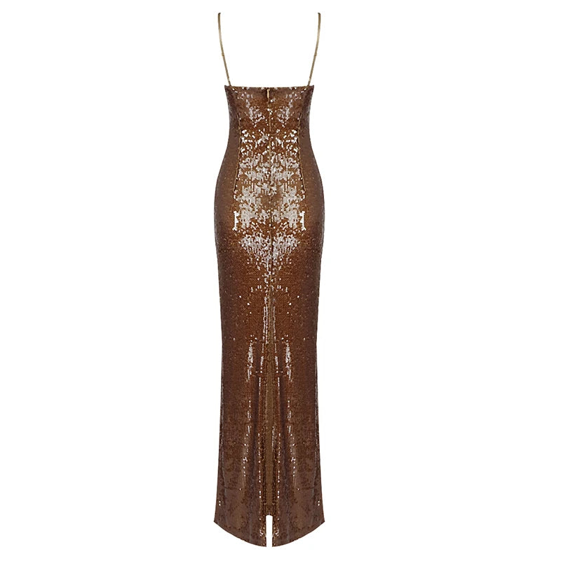 Brown Sequins Strap Sleeveless Maxi Dress