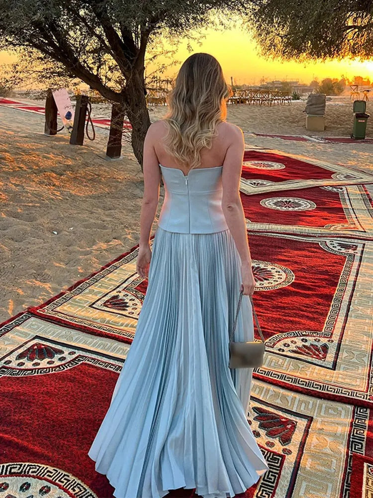 Pleated Strapless Sleeveless Maxi Dress