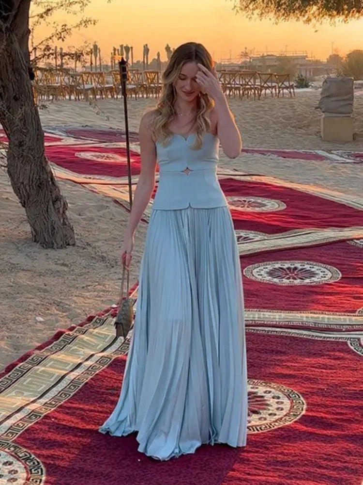 Pleated Strapless Sleeveless Maxi Dress