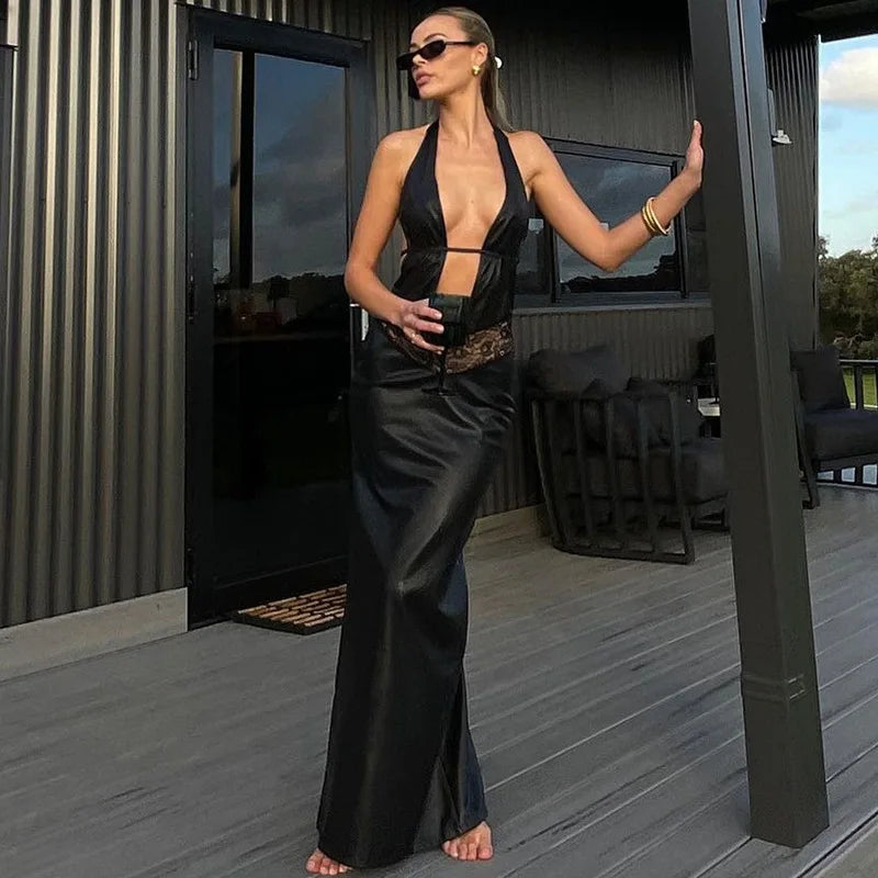 PU Leather Hollow Backless Maxi Dress