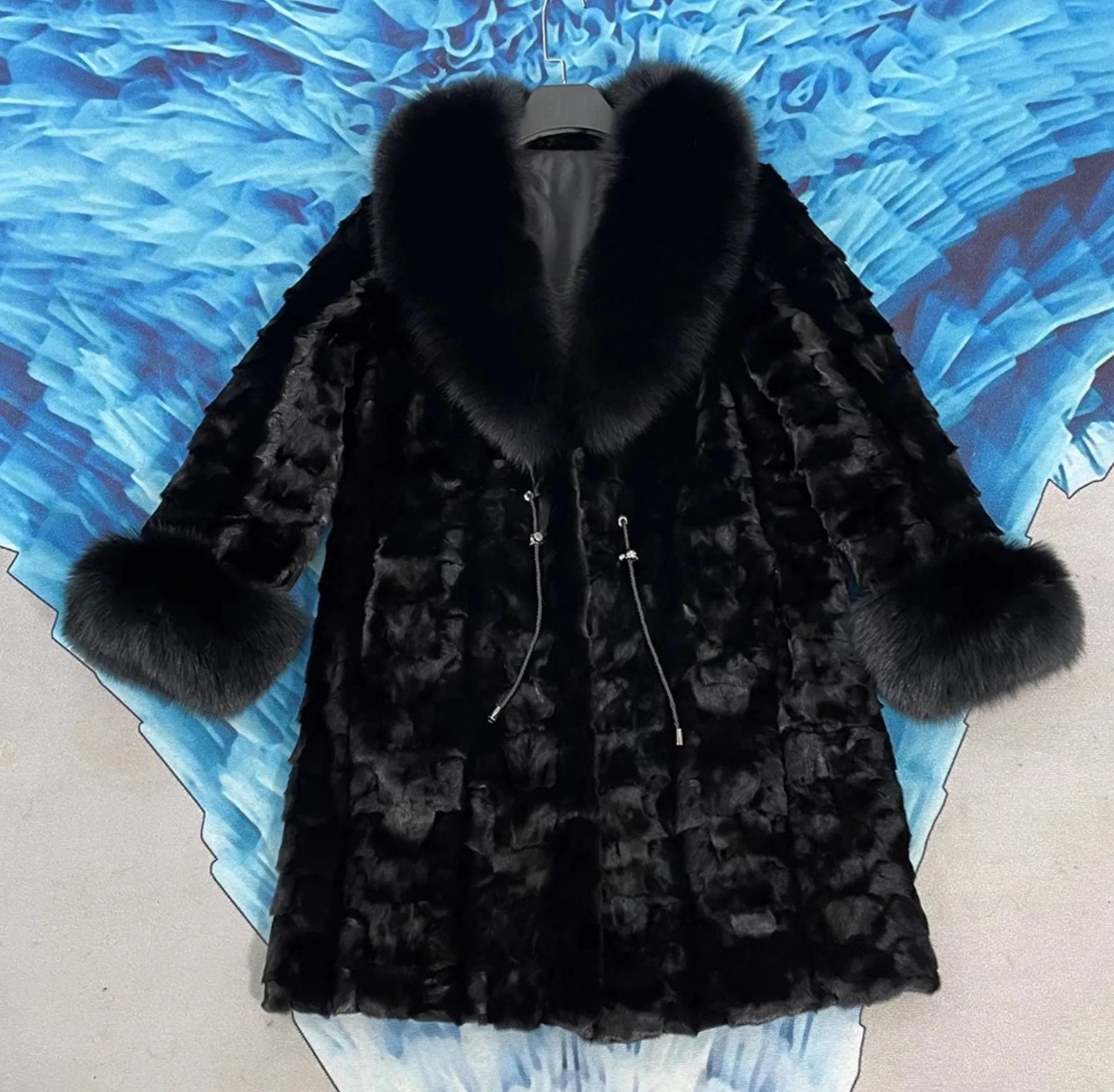 Real Mink fur Mid-length Coat Fox Fur Collar & Cuffs