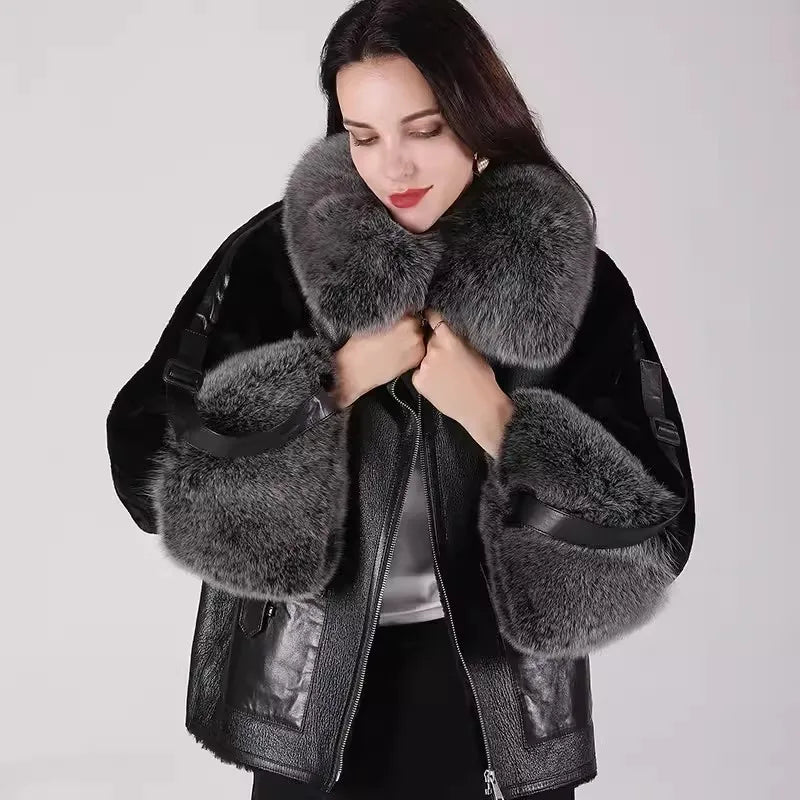 Genuine Leather Shearling Sleeve Real Fur Coats