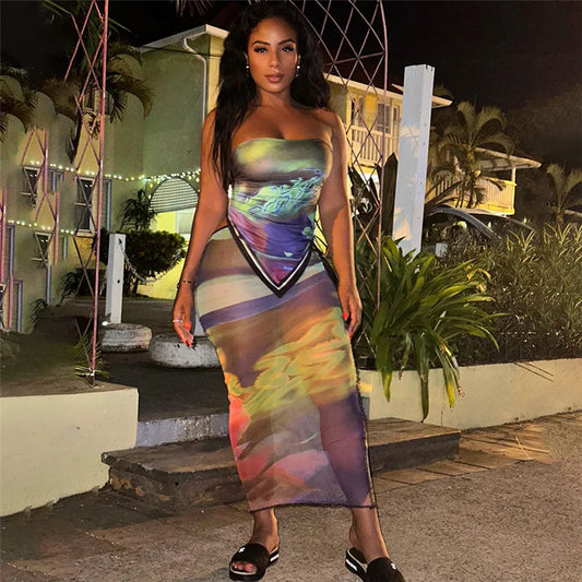 Printed Sheer Mesh Crop Top & Maxi Skirts Set