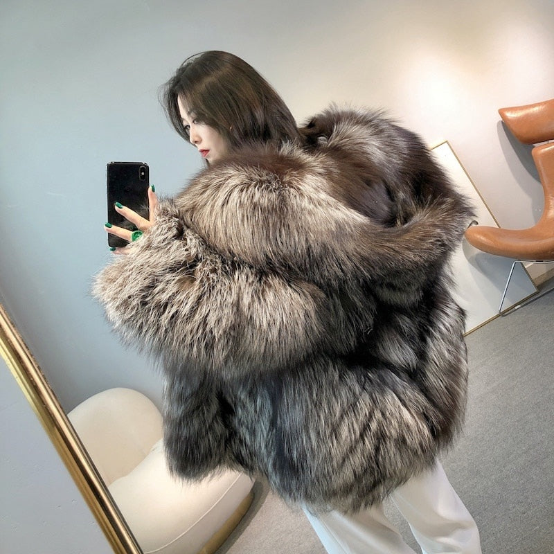 Luxury Dark Silver Real Fur Hooded Coat