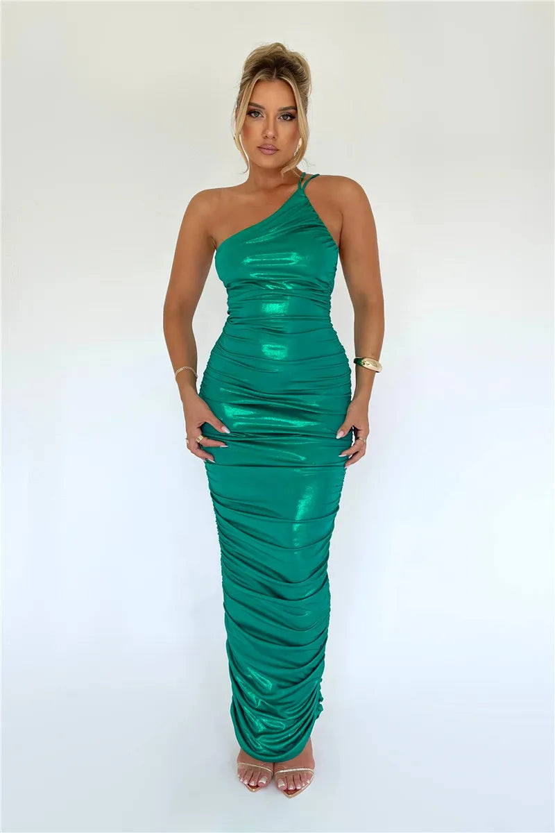 Emerald green one shoulder sales satin ruched maxi dress