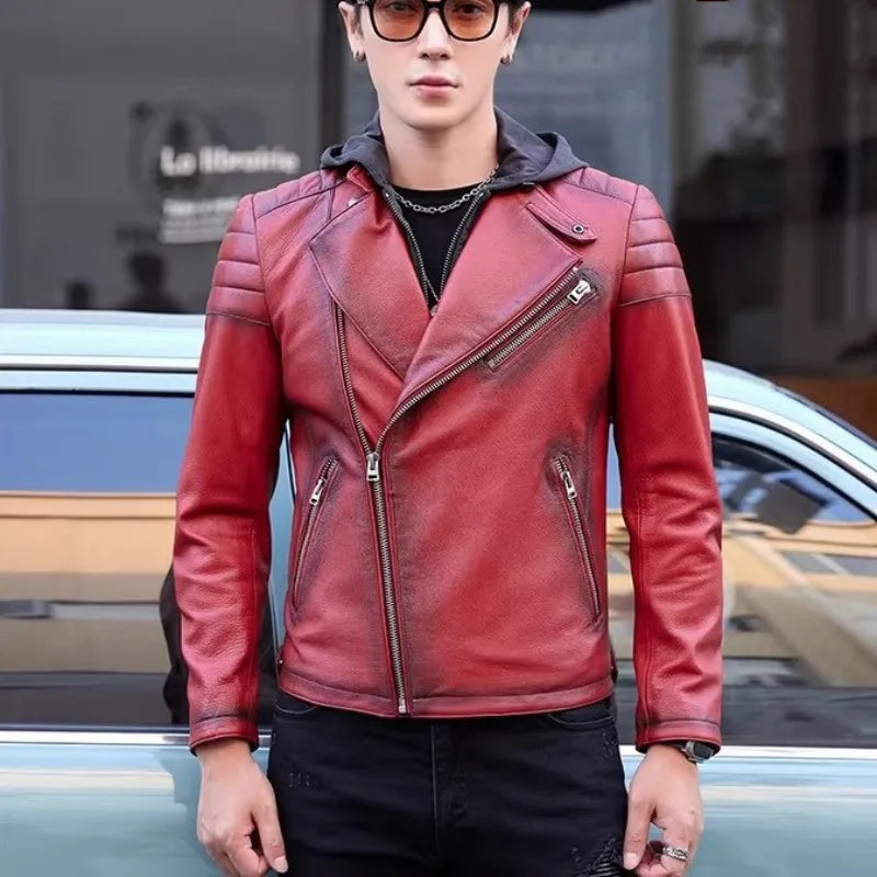 Red Moto Genuine Leather Jacket Removable Hooded