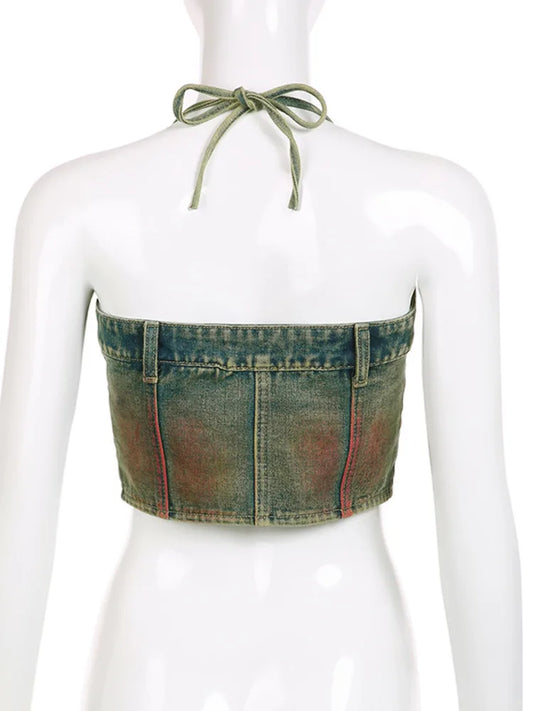 Halter Denim Tube Crop Top