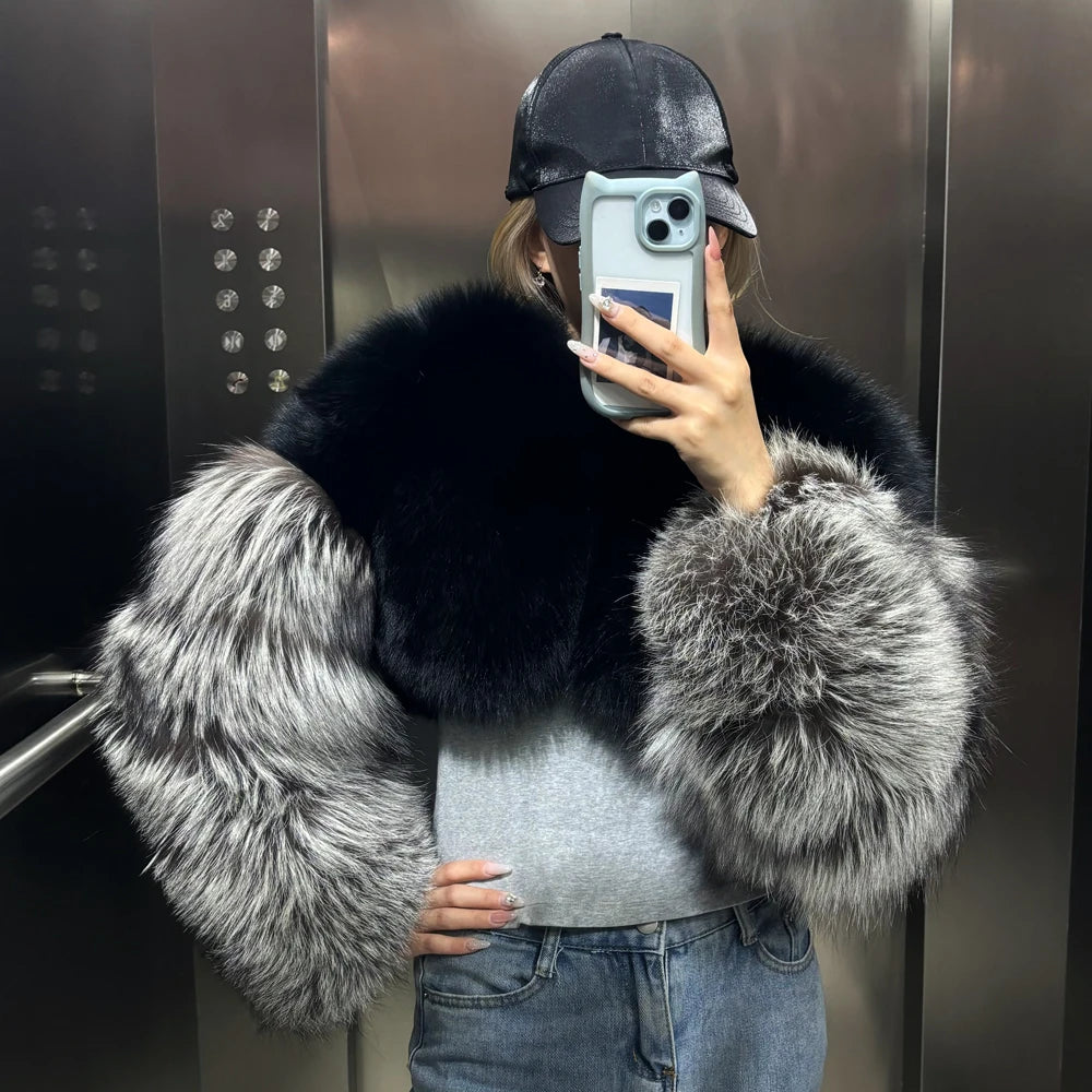 Two Tone Cropped Real Fox Fur Coats