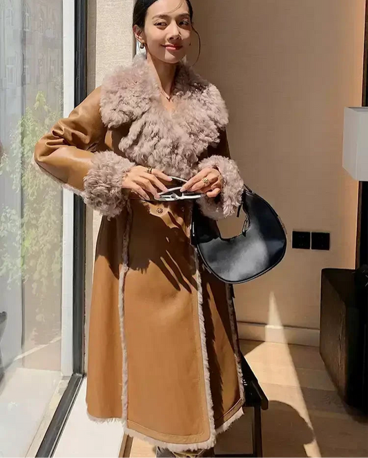 Genuine Leather Long Coats Curly Real Wool Fur