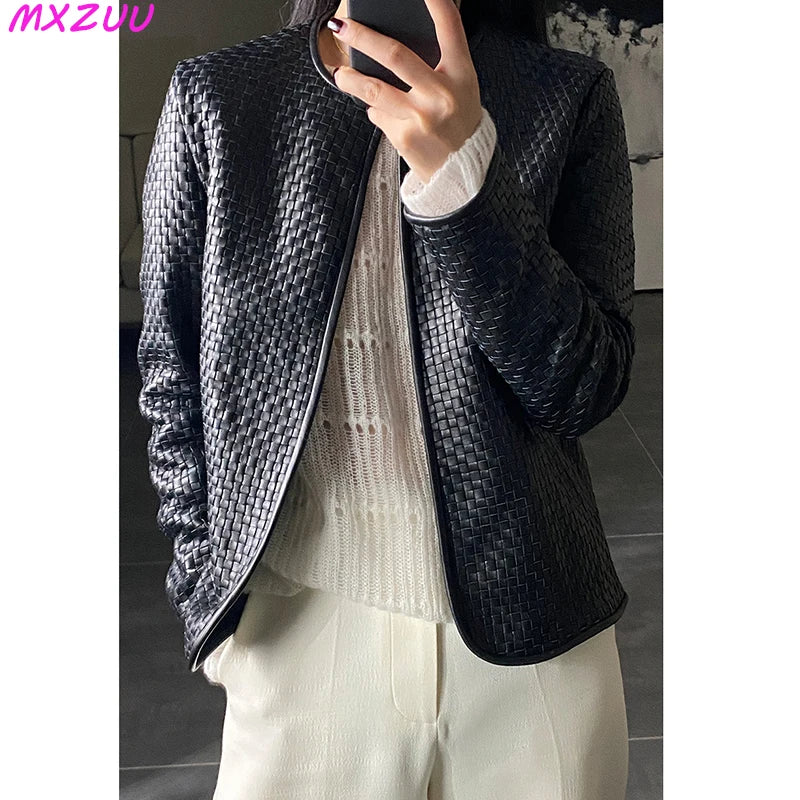 Genuine Leather Jacket Women Autumn 2025 Stylish Vintage Hand-Woven Sheepskin Chaqueta Mujer O-Neck Cardigan Plaid Coat Outwear