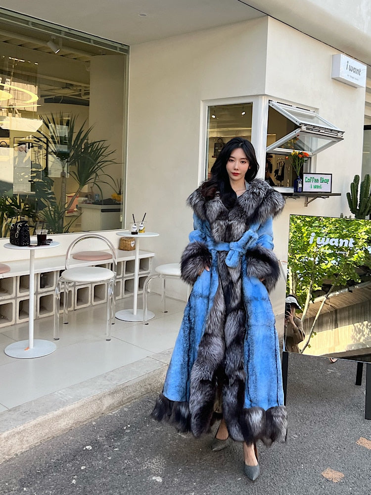 Luxury Real Rabbit Fur X-Long Coats Real Fur Lapel Collar