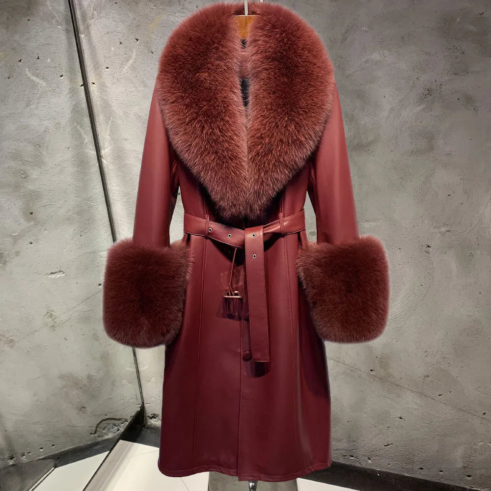 Genuine Leather Trench Coats Big Real Fur Collar Cuff