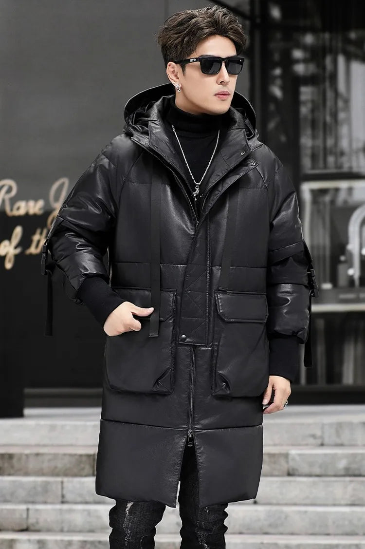 Genuine Leather Long Trench Down Coat Hooded