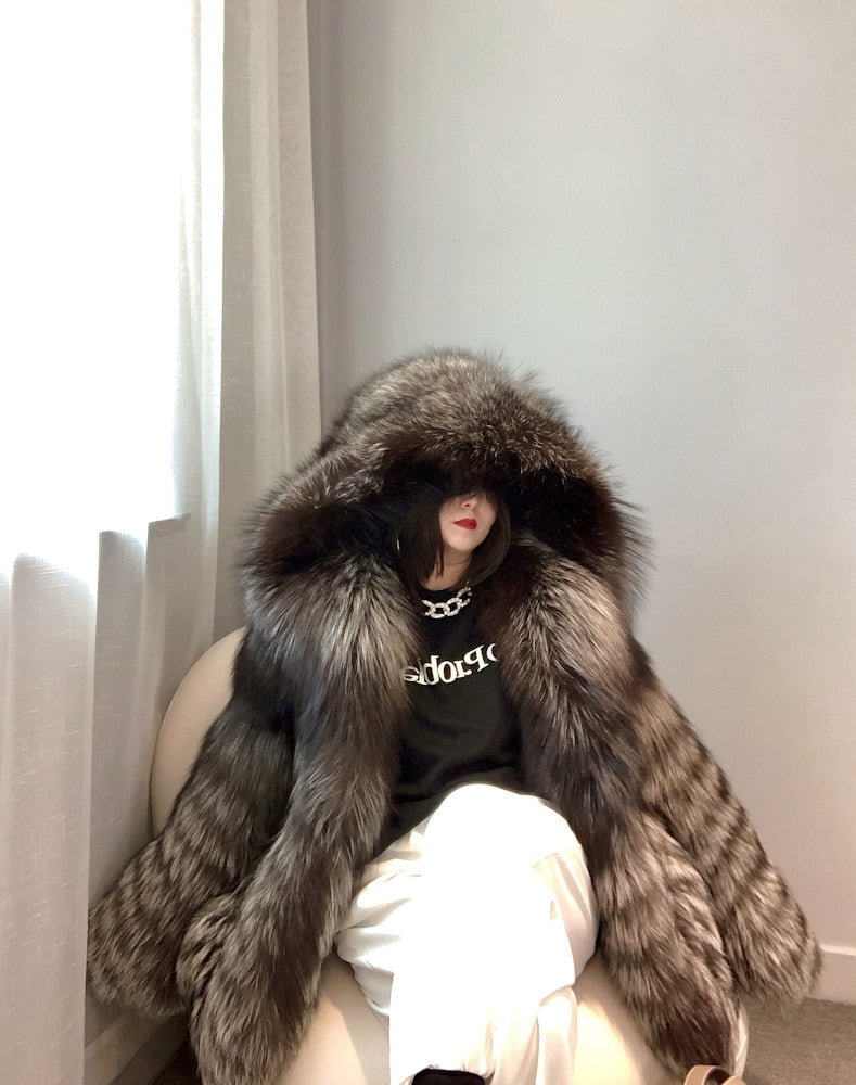 Luxury Dark Silver Real Fur Hooded Coat