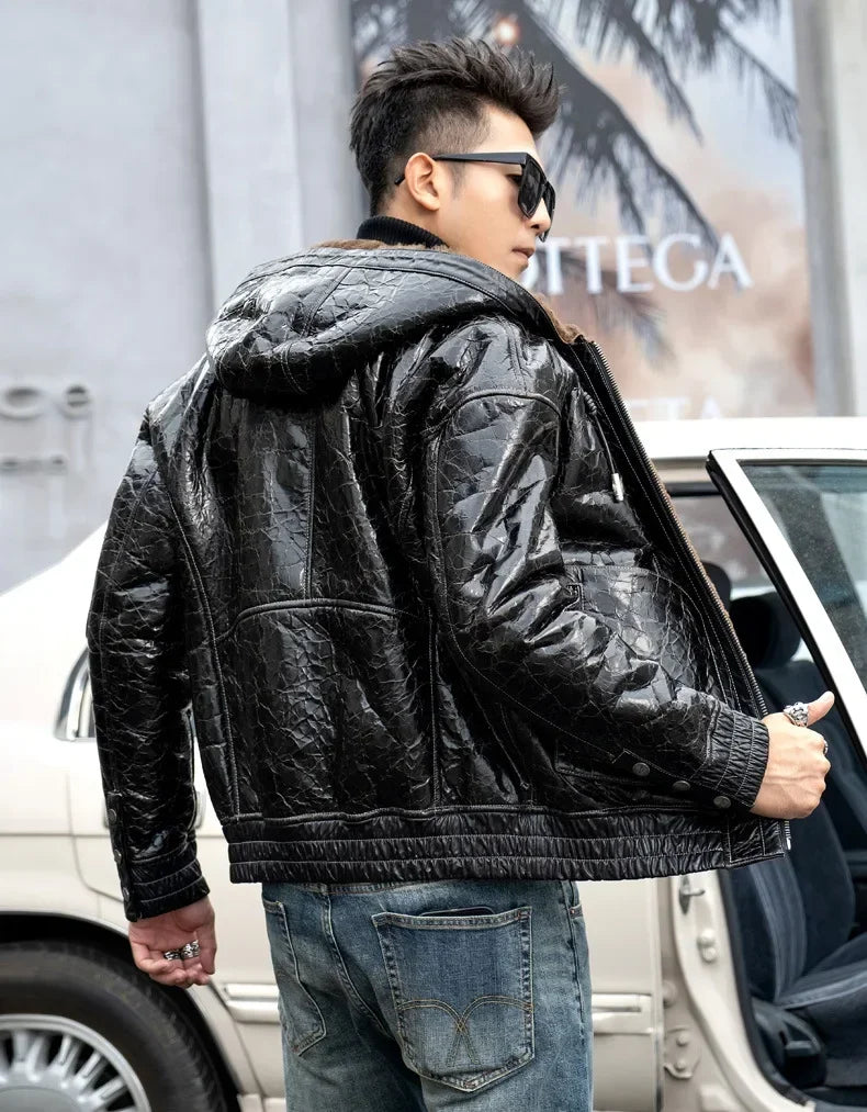 Genuine Leather Hooded Fur Coats