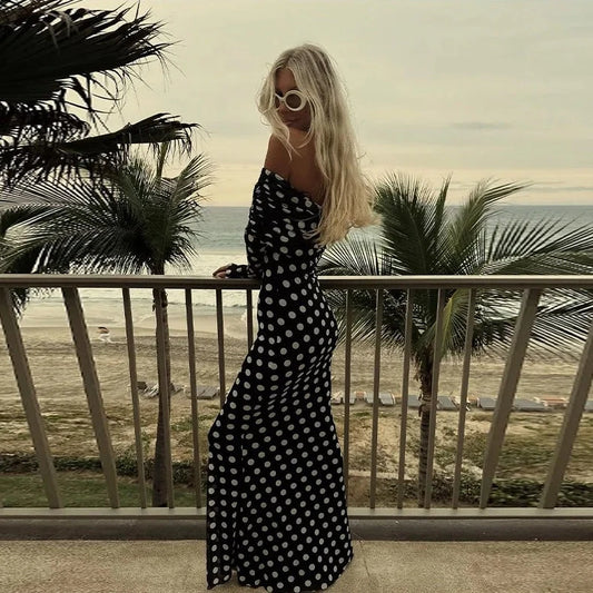 Polka Dot Off Shoulder Mesh Sleeve Long Dress