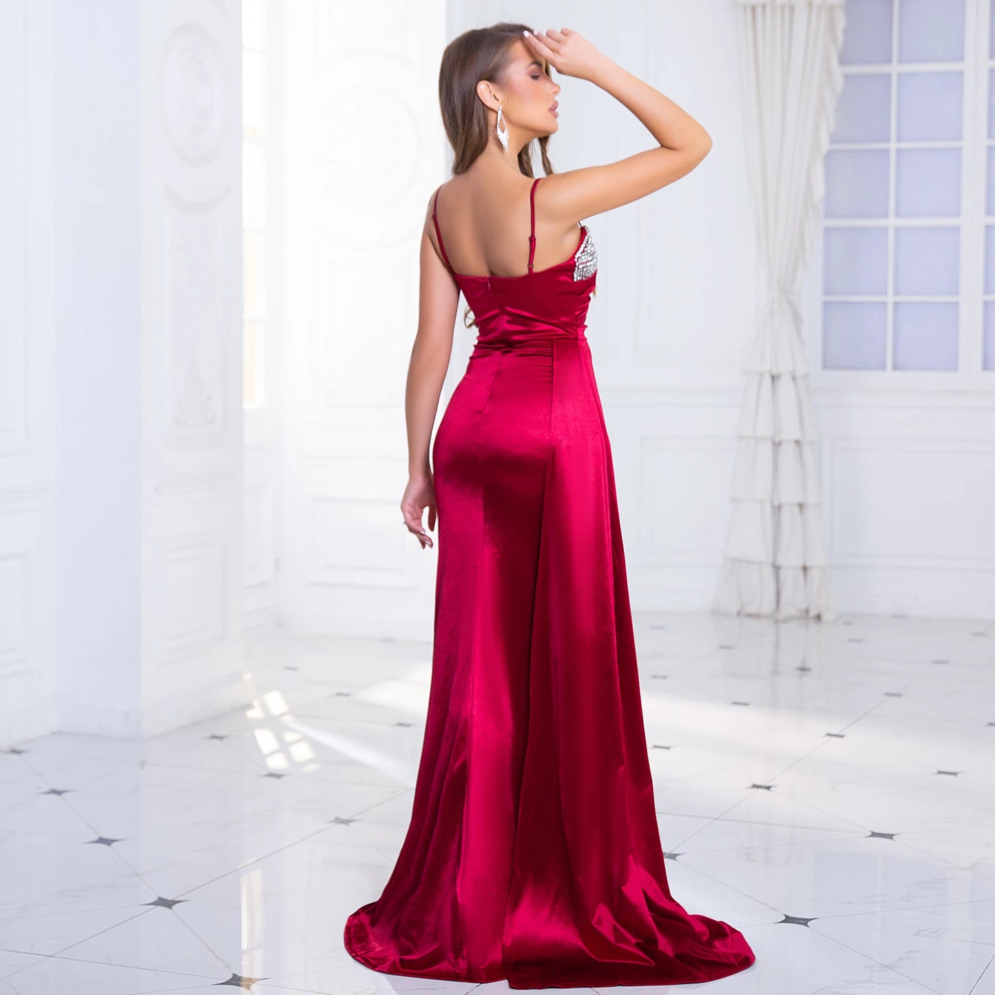 Satin Rhinestone Breast Side Train Split Dresses