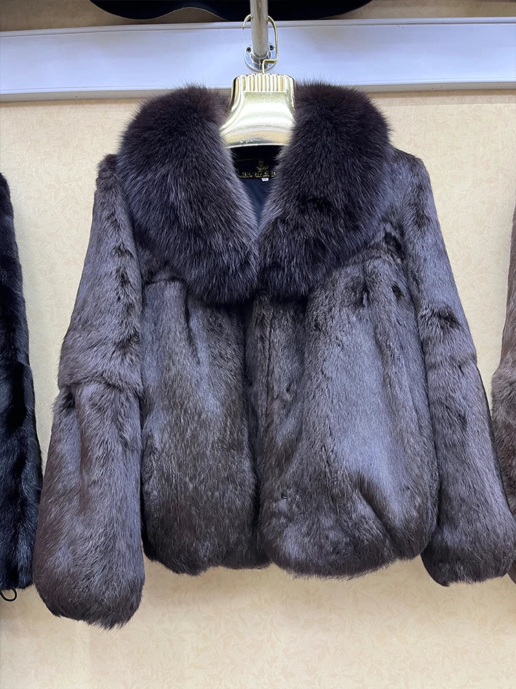 Short Real Rabbit Fur Coats Fox Fur Collar