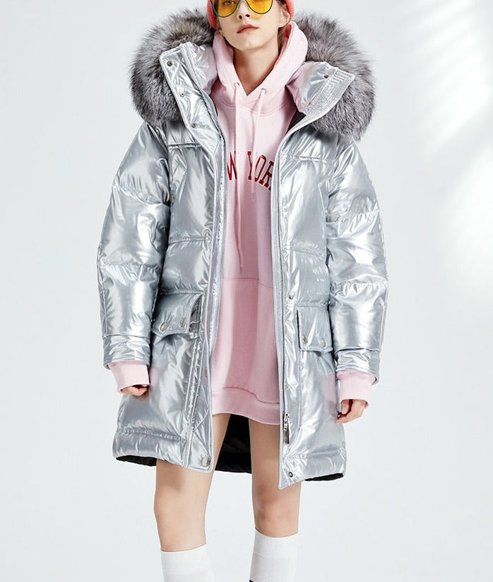 Glossy Duck Down Waterproof Big Puffer Coats Real Fur Parkas