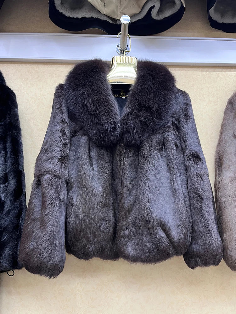 Short Real Rabbit Fur Coats Fox Fur Collar