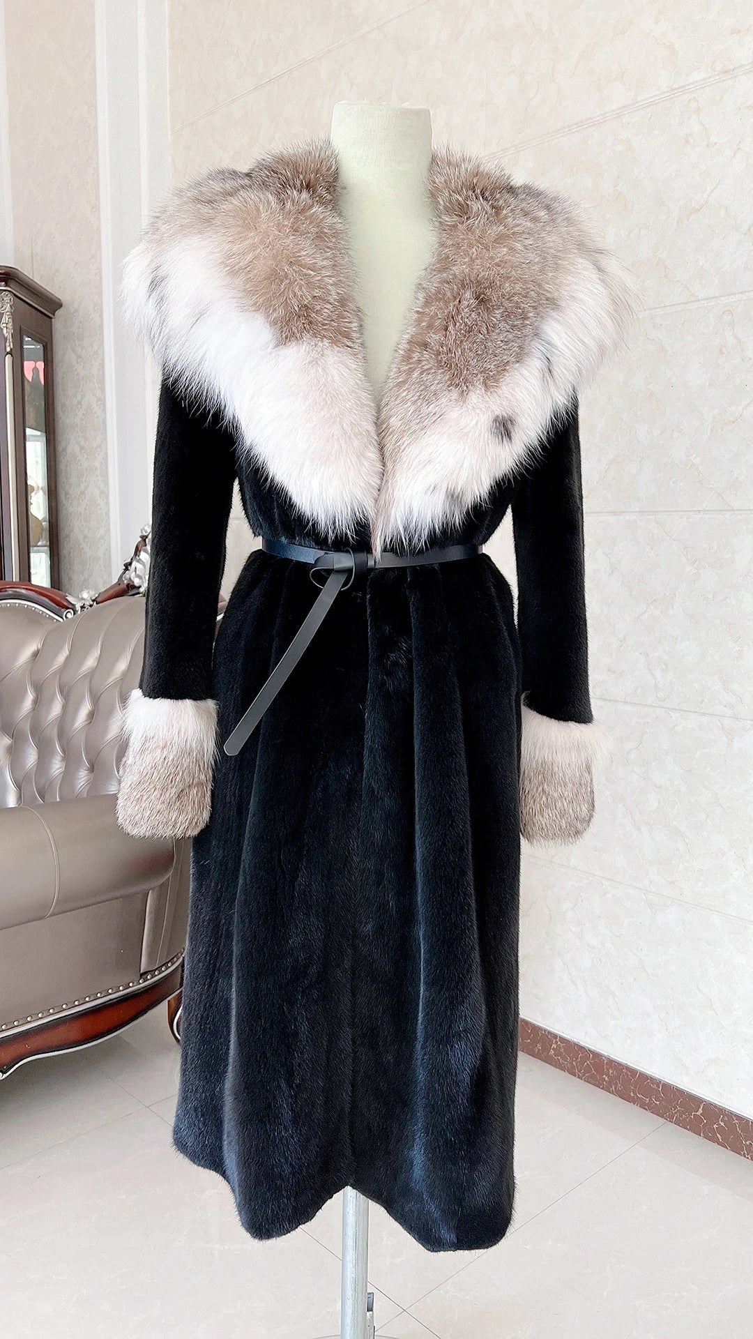 Luxury Lynx Collar Real Mink Fur Coats X-Long