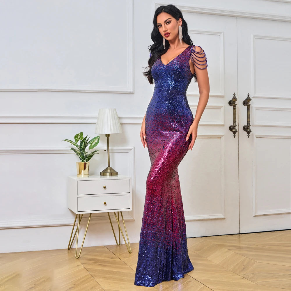 Sequins Bead Shoulder Long Dress (Plus Sizes)