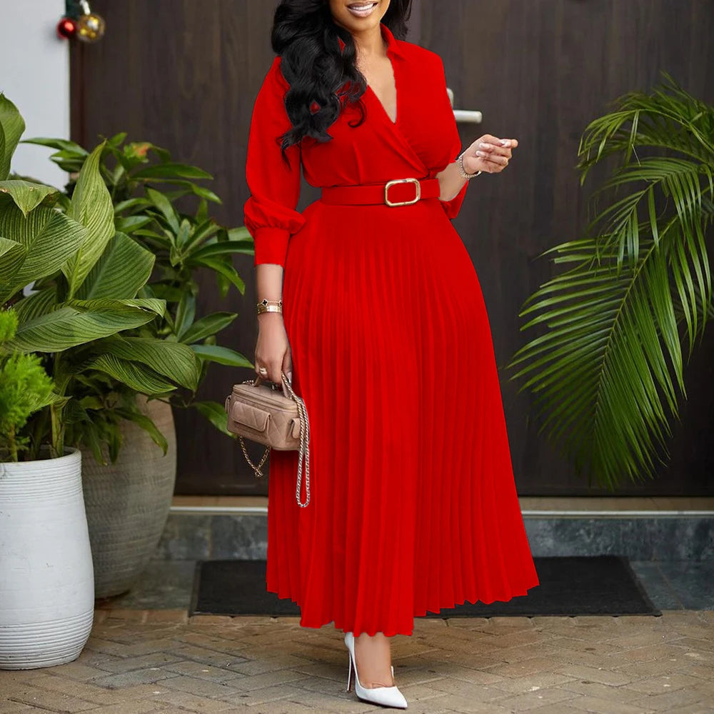 Deep V Sleeved Blouse Long Dresses & Belt