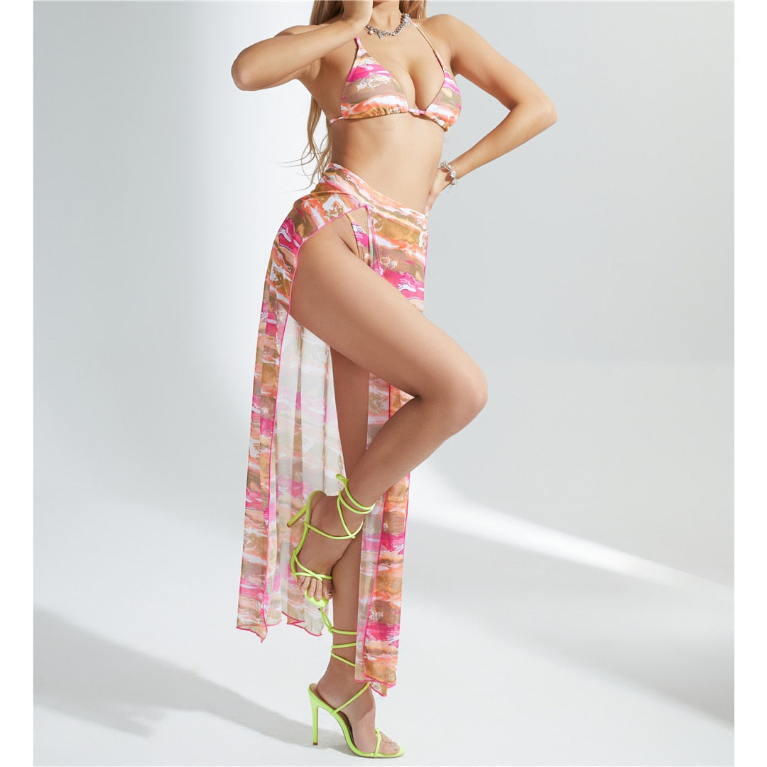 Print Halter Bikini Set & Long Skirt