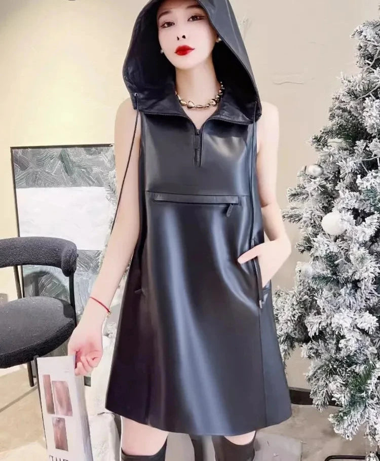 Genuine Leather Sleeveless Hooded Mini Dress