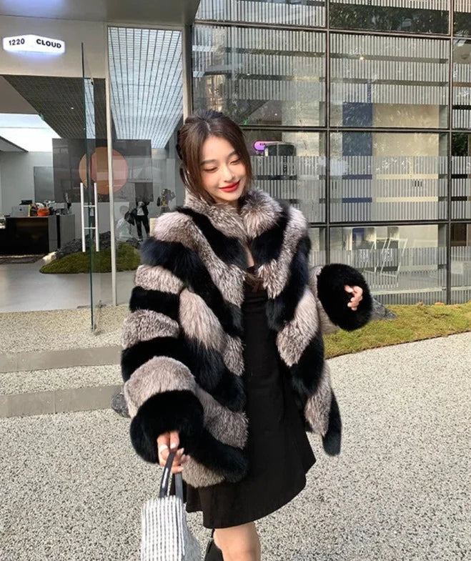 Silver & Black Pattern Real Fox Fur Coats