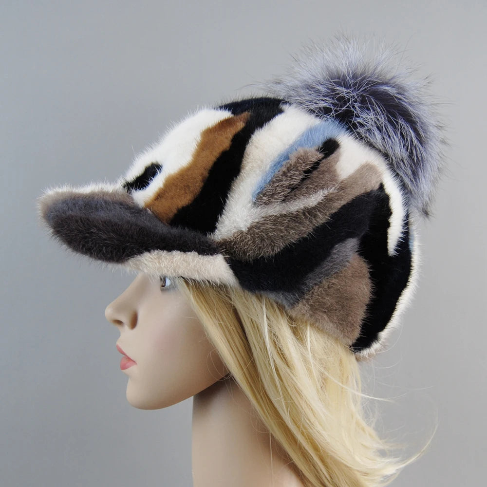 Colorful Real Mink Fur Bomber Hats Fur Pompom