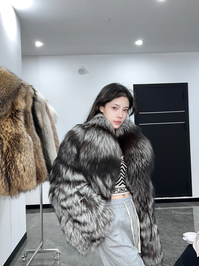 Dark Silver Big Collar Real Fur Coat