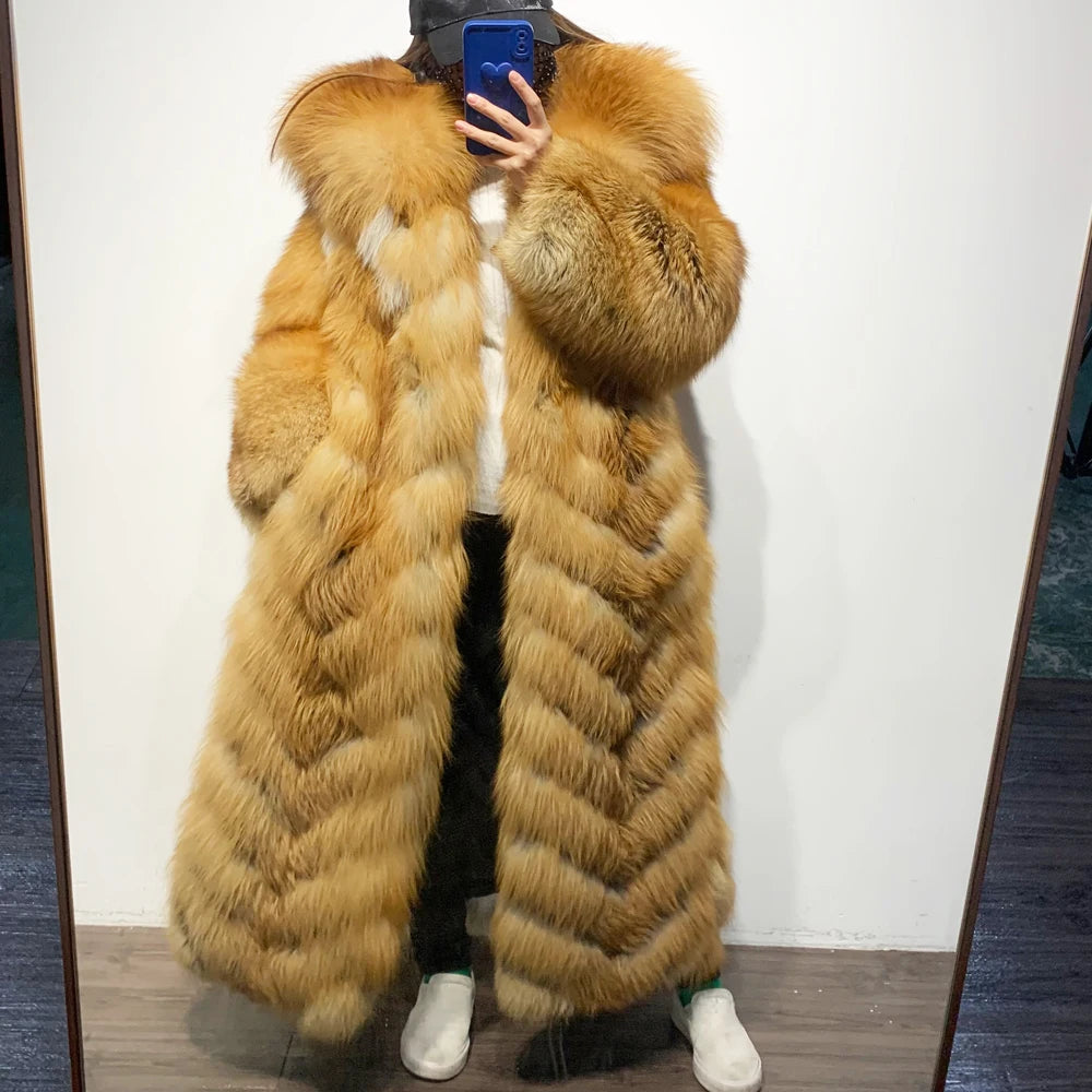Pattern Big Fur Collar X Long Real Fox Fur Coat Elevate Swag