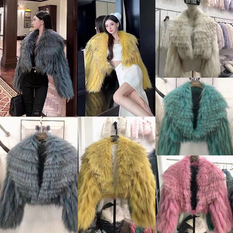 Knitted Real Fur Crop Coats Big Turn-down Collar