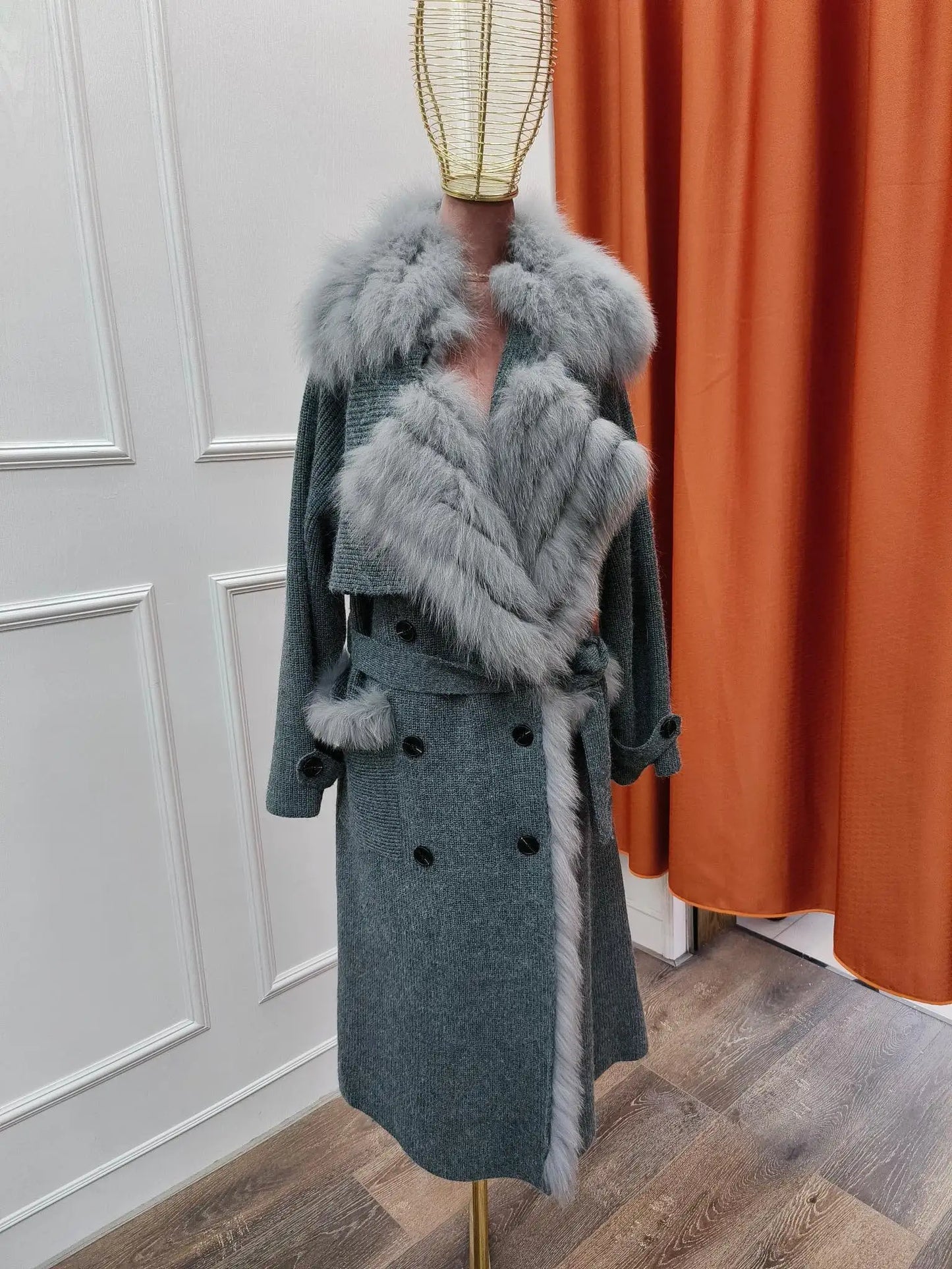 Real Fur Knitted Collar Long Wool Coats