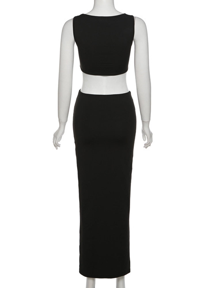 Hollow Sleeveless Crop Top & Hollow Maxi Skirt Set