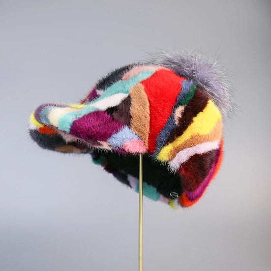 Colorful Real Mink Fur Bomber Hats Fur Pompoms