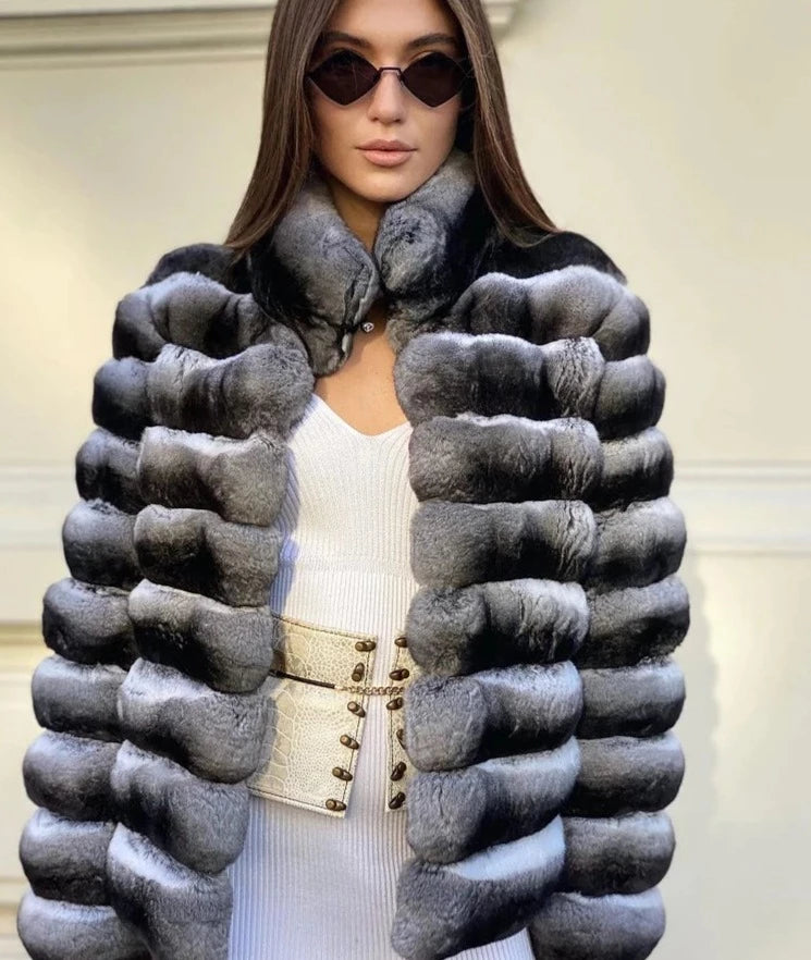 Chinchilla Style Genuine Rex Rabbit Fur Coat Short – Elevate Swag