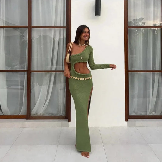 One Shoulder Sleeve Hollow Side Maxi Dress