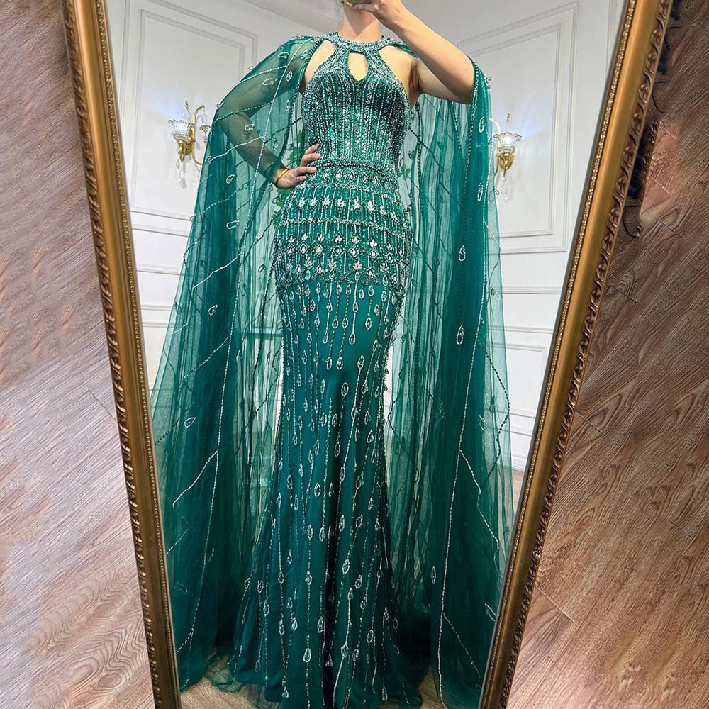 Luxury Rhinestone Cape Maxi Sleeves Dresses