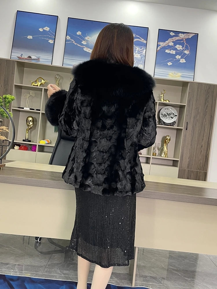 Real Mink Fur Coat Fox Fur Collar and Cuffs