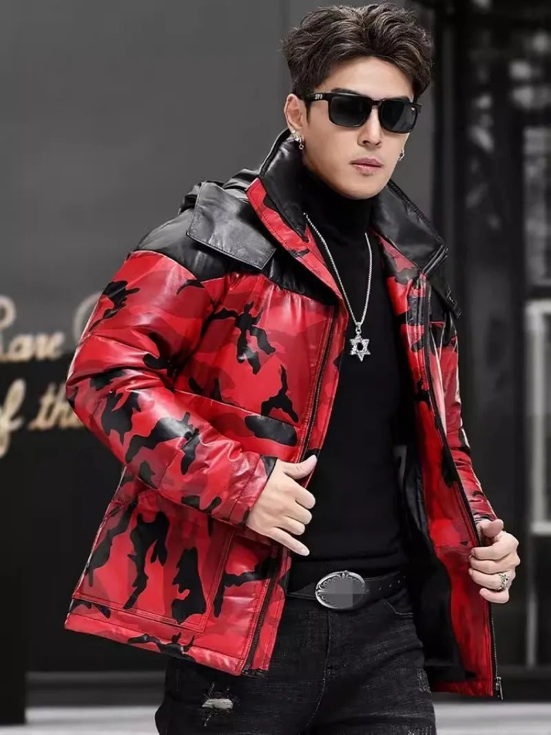 Red Camo Genuine Leather Down Coat