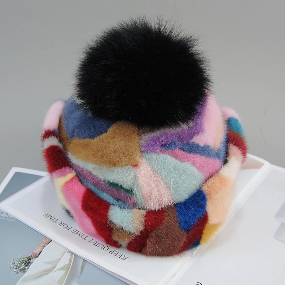 Colorful Real Mink Fur Bomber Hats Fur Pompom