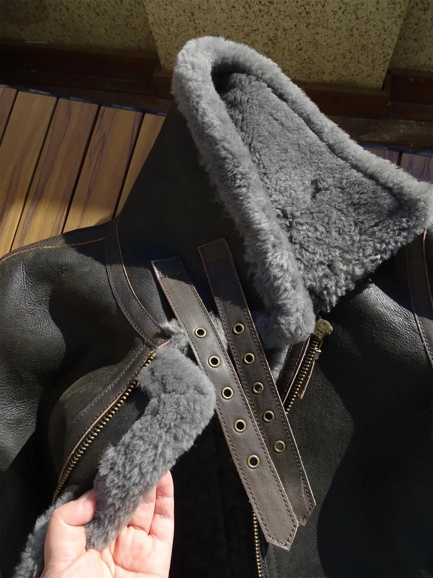 Genuine Leather Coats Shearling Wool Liner Grey