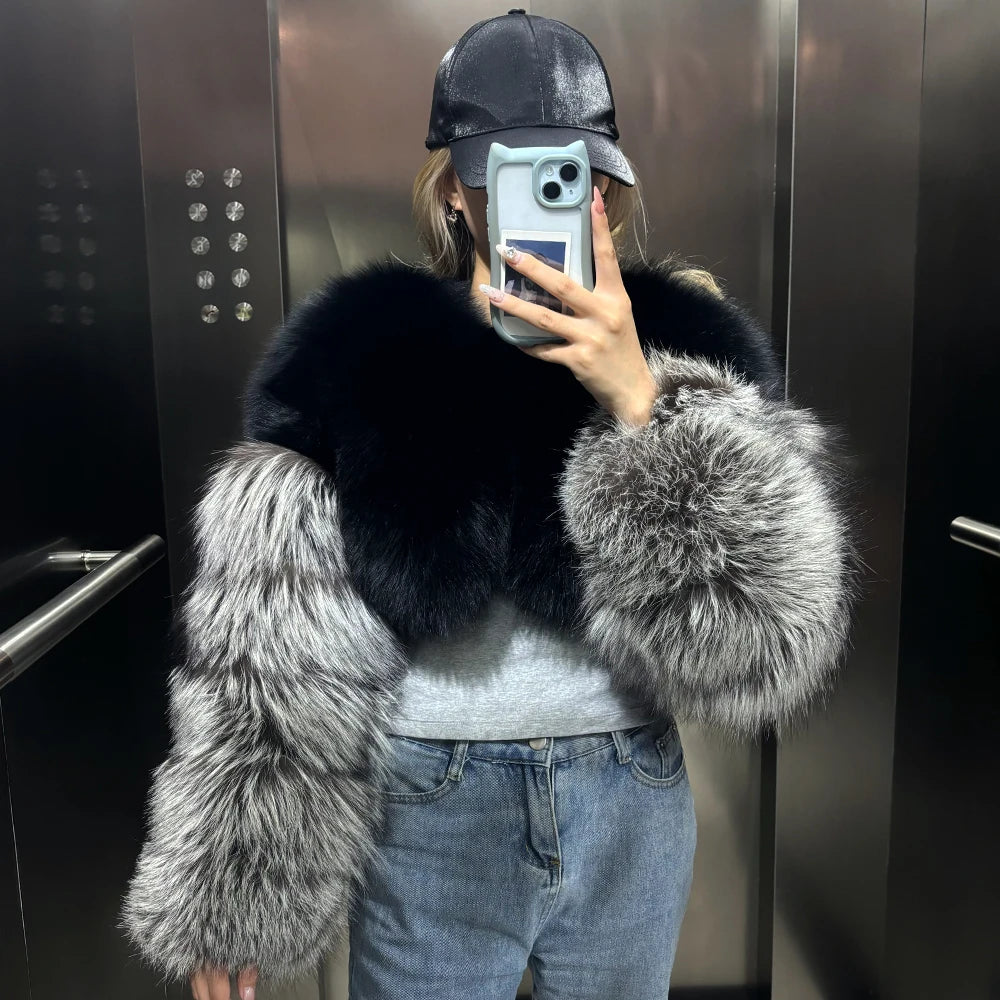 Two Tone Cropped Real Fox Fur Coats