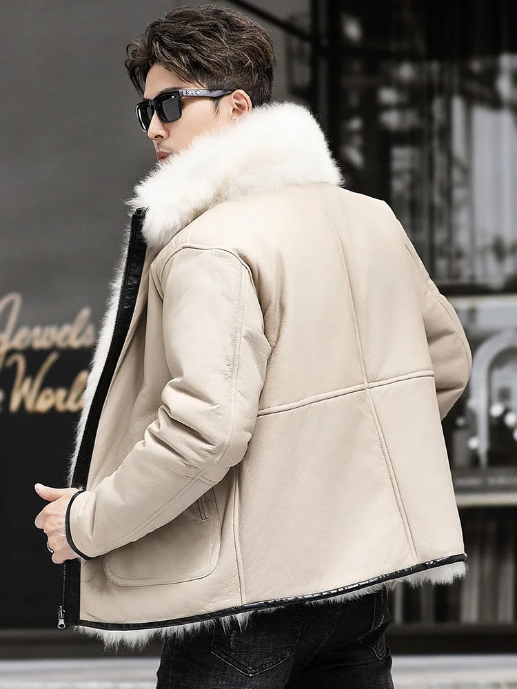 White Genuine Leather Reversible Shearling Fur Coat