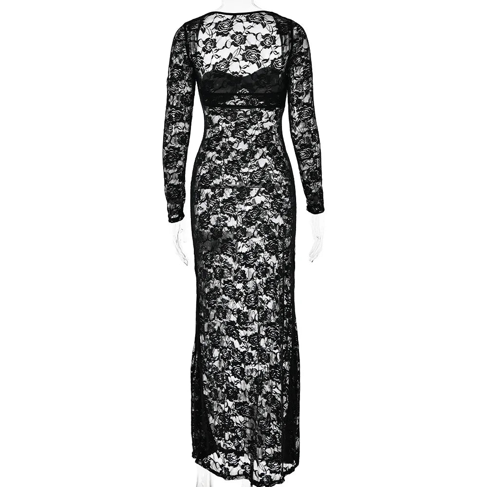 Open Chest Lace Sleeved Maxi Dresses