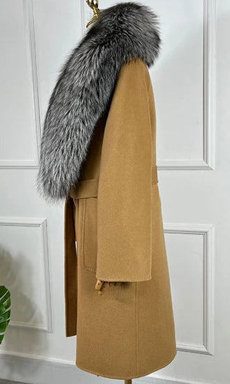 Cashmere Long Wool Coat Big Real Fur Collar Cuffs