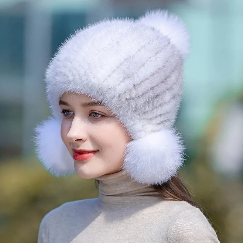 Knitted Spiral Real Mink Fur Beanies Cap Fur Pompom