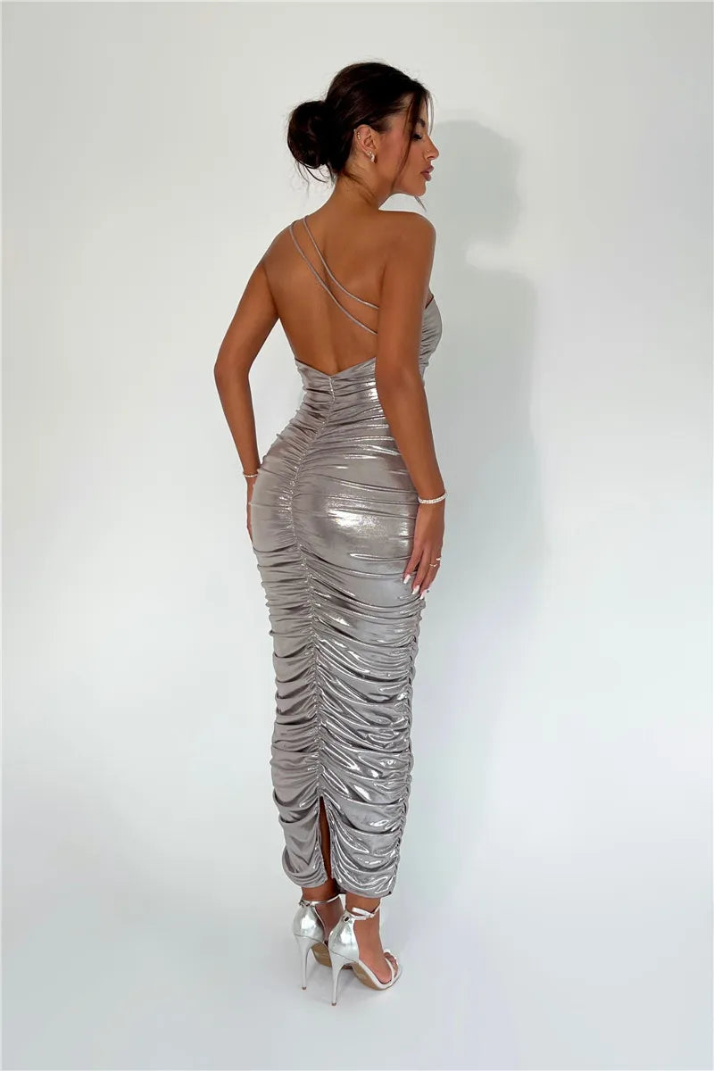 Metallic One Shoulder Ruched Maxi Dresses
